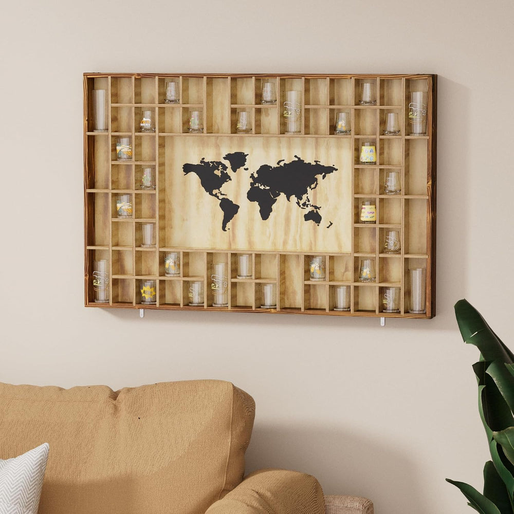 68 Large World Map Shot Glass Display Case Rustic Shot Glass Holder 37x 24.4i...