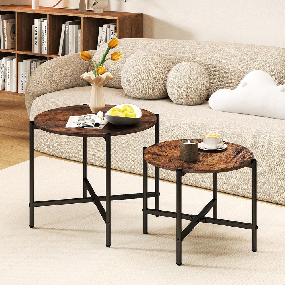GOFLAME Nesting Coffee Table Set of 2, Round Coffee Tables with Wood Tabletop...