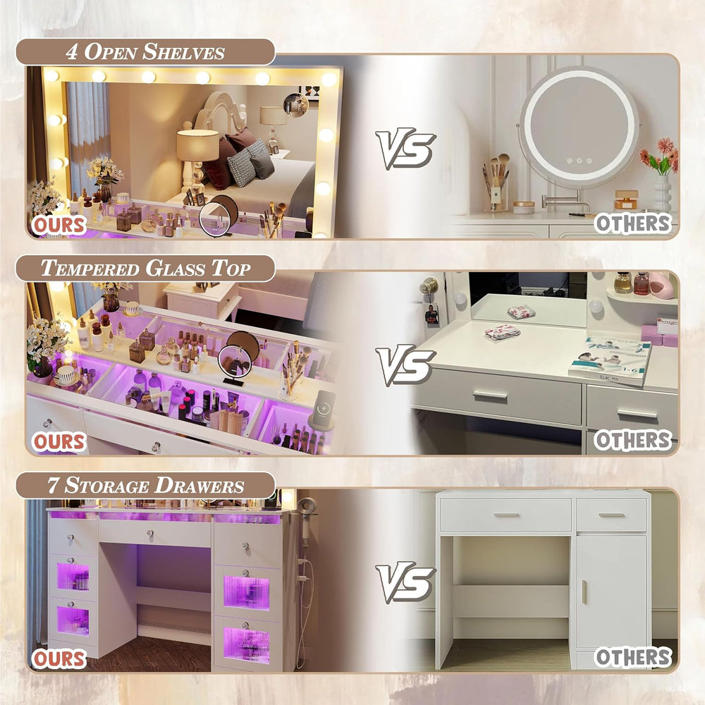 Glass Top Vanity Desk, Makeup Vanity Desk White Dressing Table 36.9" Mir...