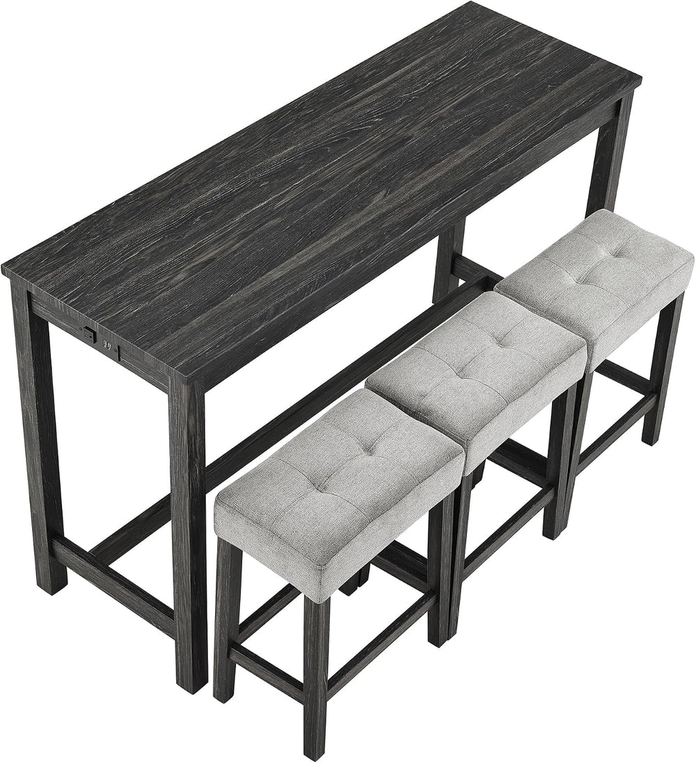 Bar Table Set with Power Outlet, 4 Piece Bar Table and Chairs Set, Industrial...
