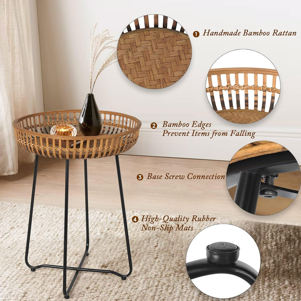 Oakrain Rattan End Table, Nesting Tables, Set of 2, Bamboo, Round, Metal Base...