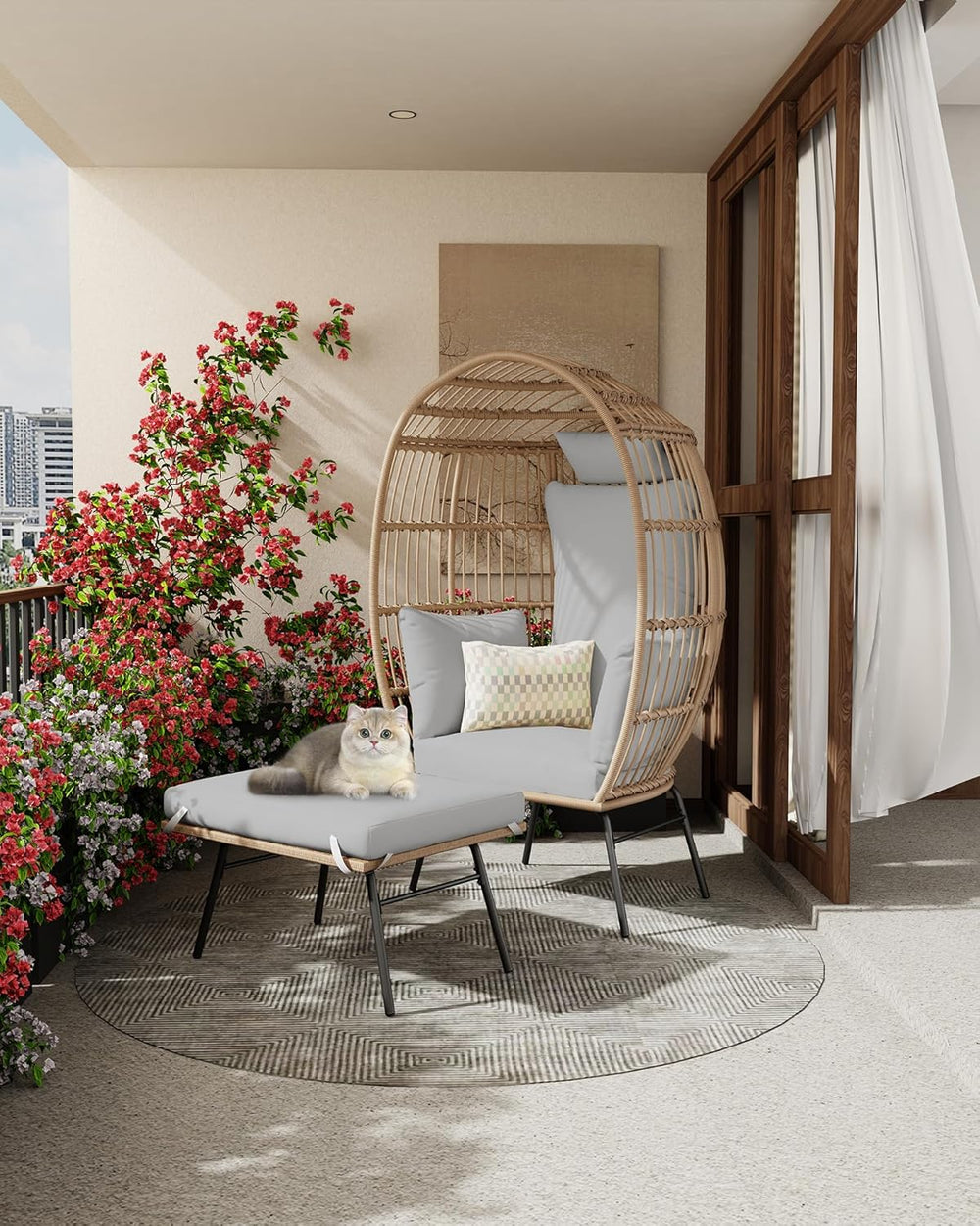 Wicker Egg Chair with Ottoman, Oversized Egg Shaped Lounge Chair with Thick C...