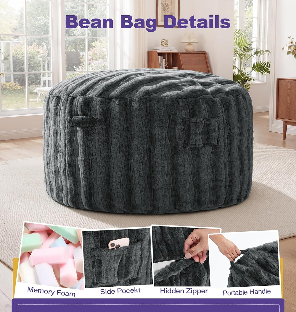 fond + found Adult Bean Bag Chairs 4FT Large Lounger, Wave Cover, Grey | Port...