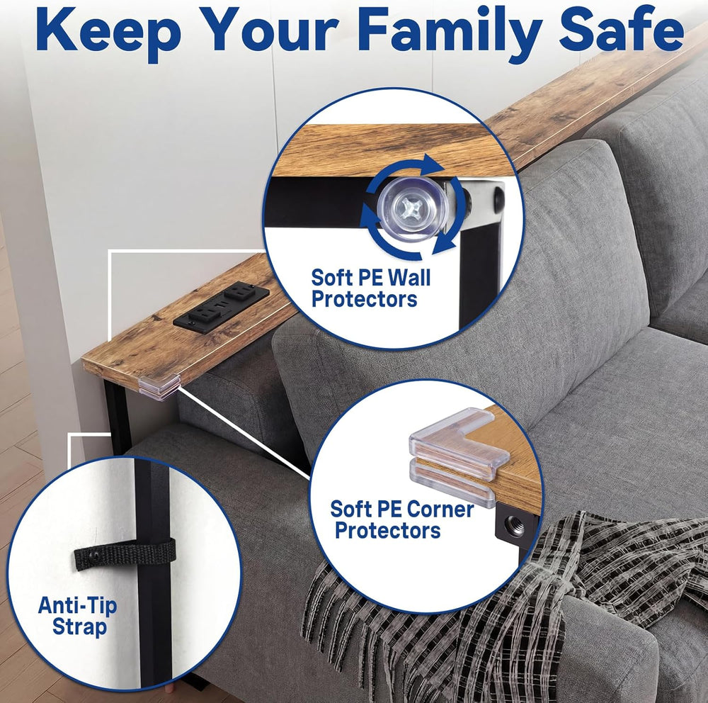 78.8inch Adjustable Height Narrow Sofa Side Table with 2 Power Outlets, Couch...