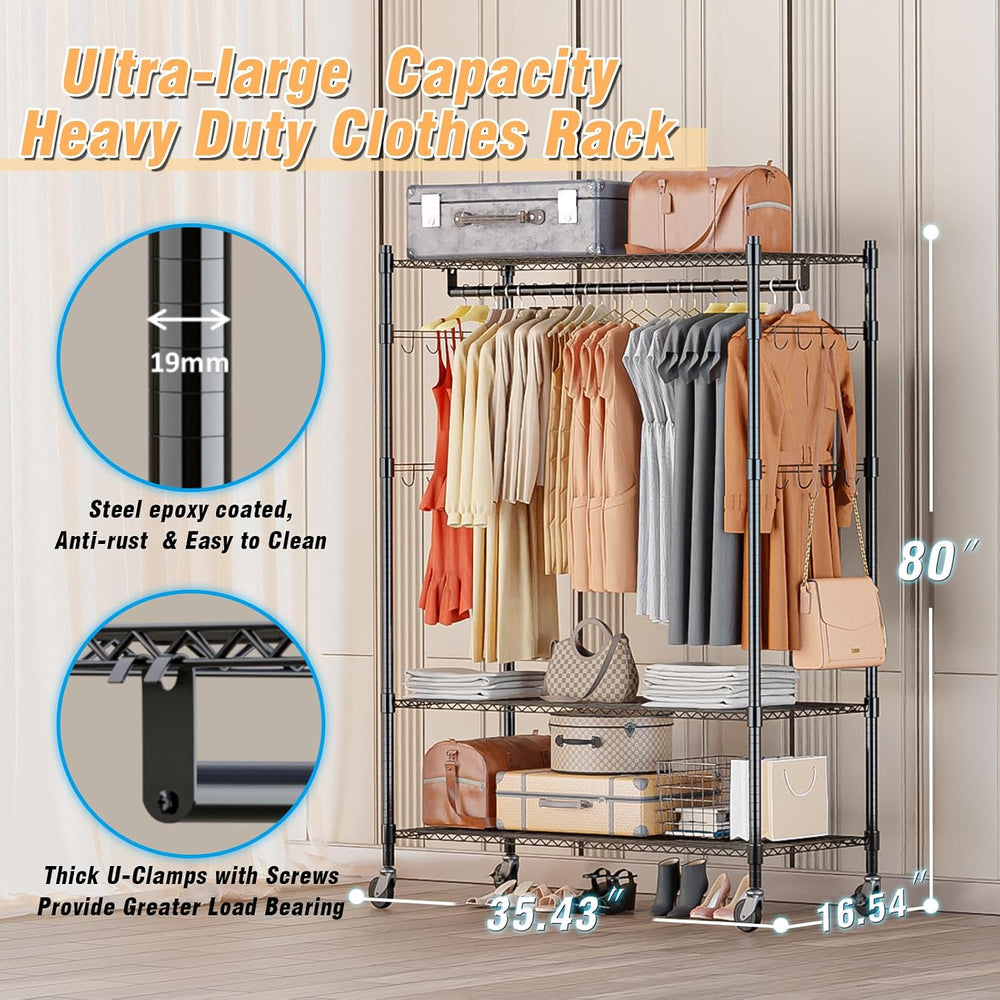 Homdox 3 Tier Heavy Duty Garment Rack with Wheels, Adjustable Wire Clothes Ra...