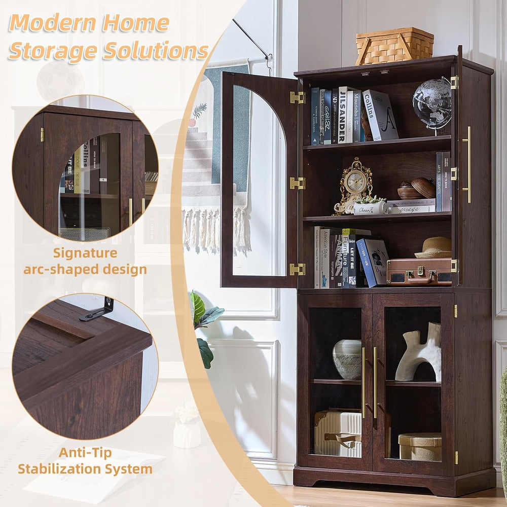 Joaxswe 72" Tall Bookshelf with 4 Curved Glass Doors, Farmhouse Bookcase...