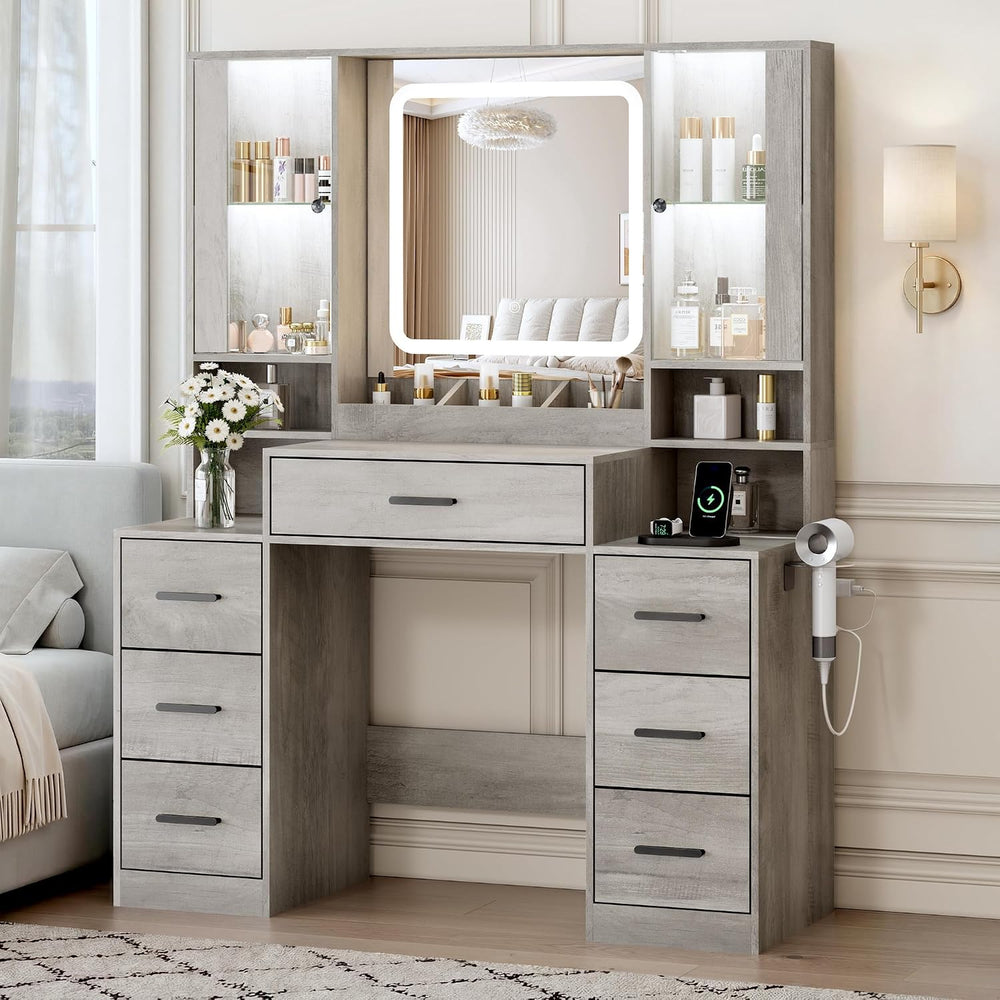 BORNOON Vanity Desk with Mirror and Lights, Makeup Vanity with 7 Drawers, 2 G...