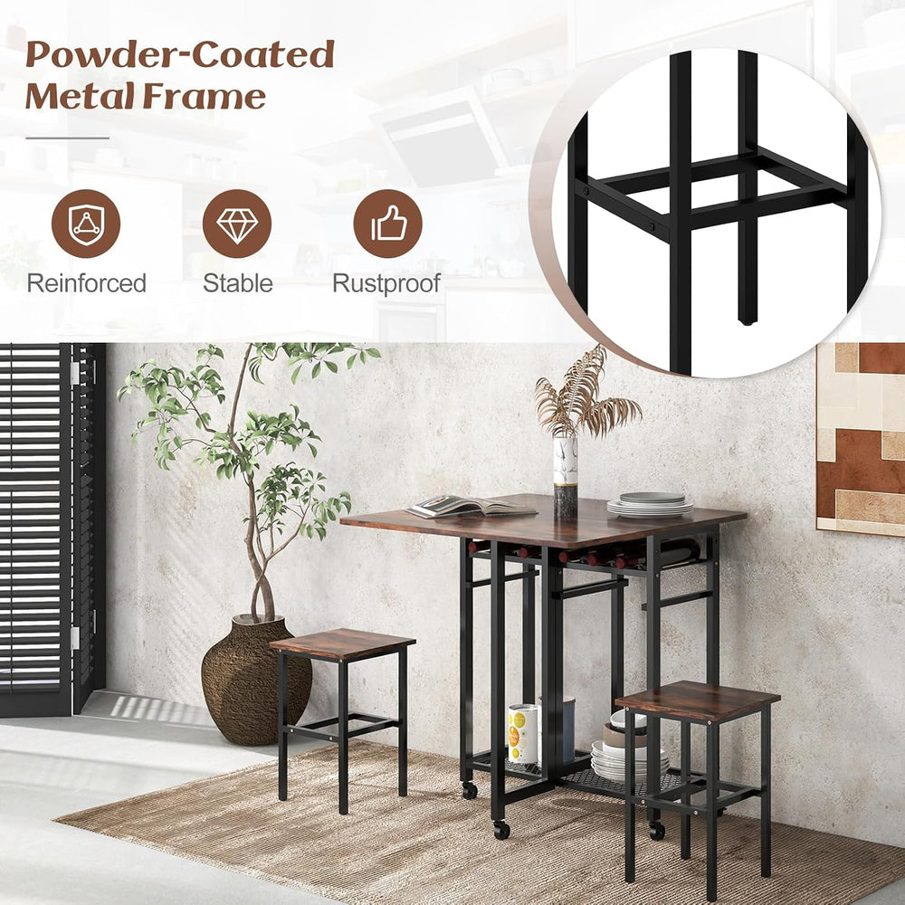 TANGZON 3 Piece Dining Table Set, Folding Drop Leaf Dining Table and 2 Stools...