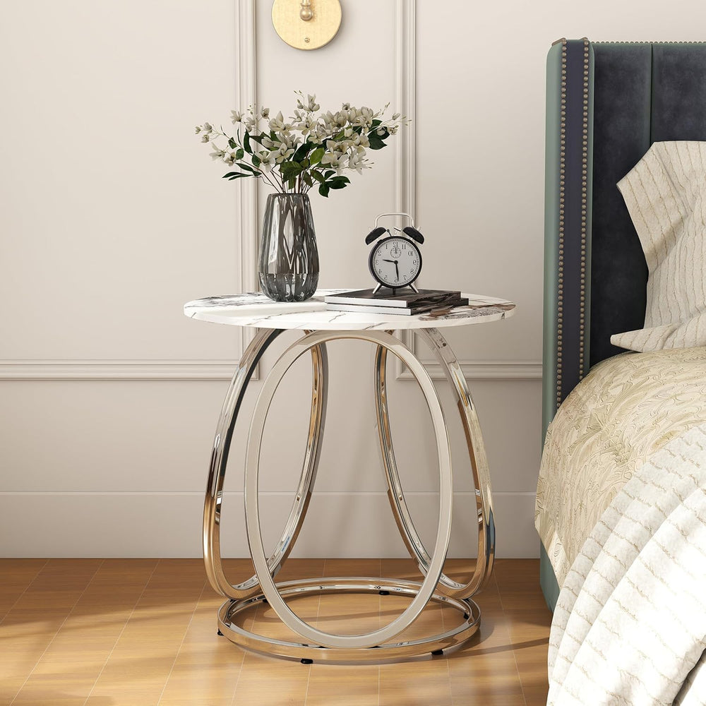 O&K FURNITURE Silver Side Table Living Room, Round End Table with Metal F...