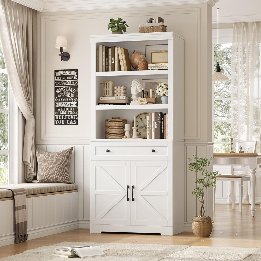 HOSTACK 72"H Bookshelf with Storage, Tall Bookcase with Deep Cabinet, White