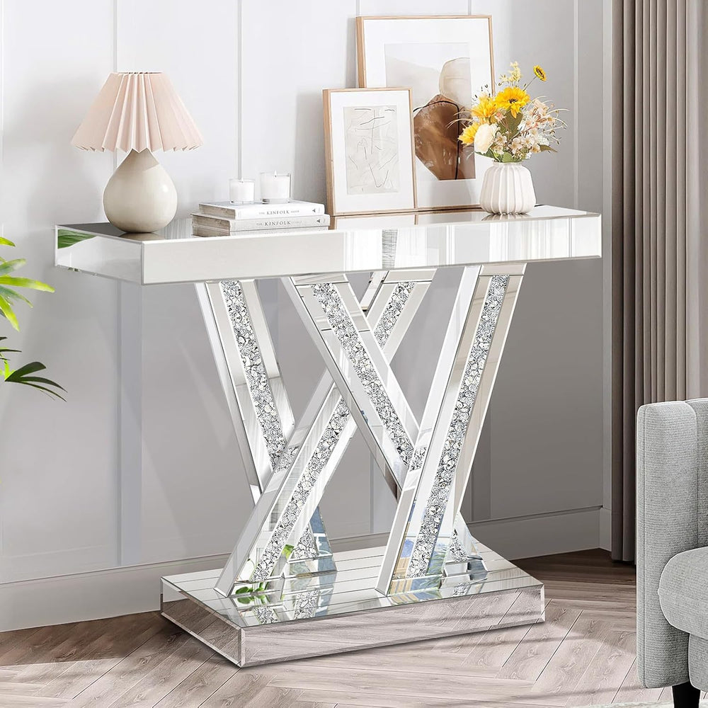 Modern Entryway Console Table with Crushed Diamond Inlay, 35.43" Silver ...