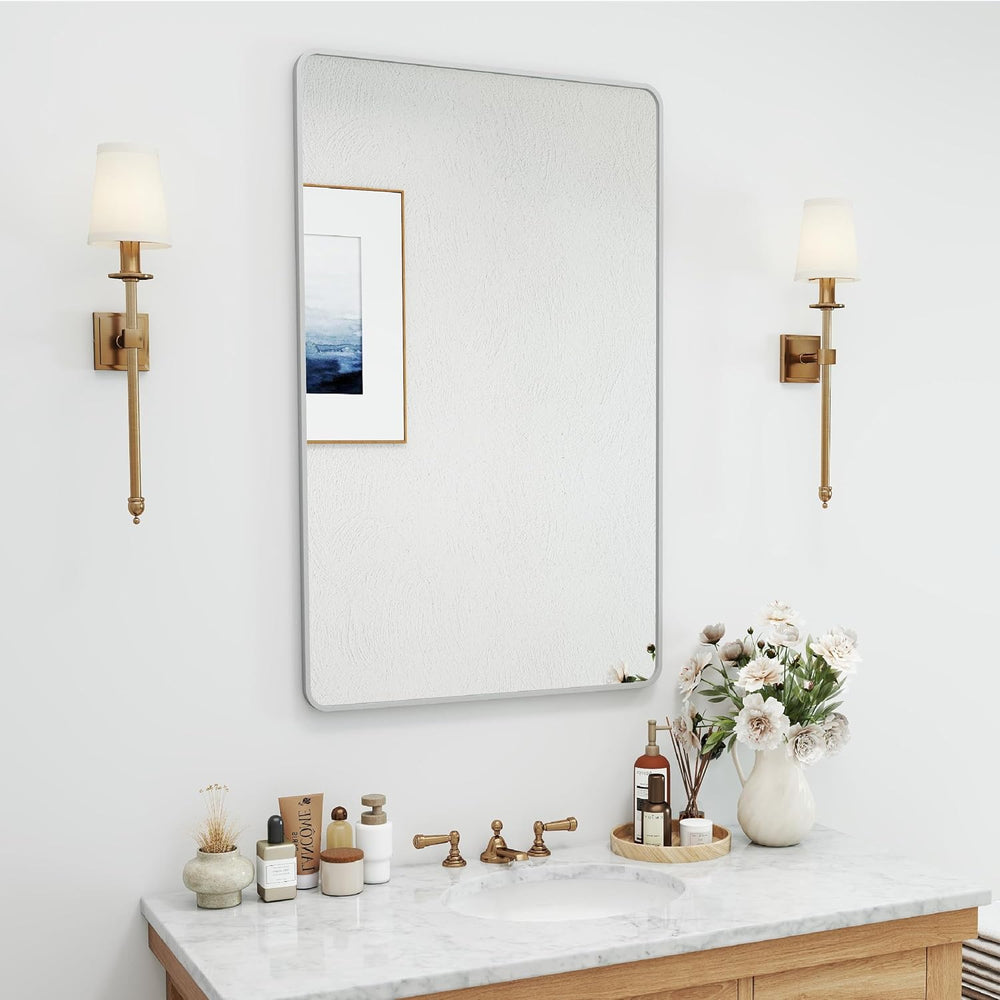 36x24 Bathroom Mirror Rect Wall Mounted Aluminum Metal Frame Silver