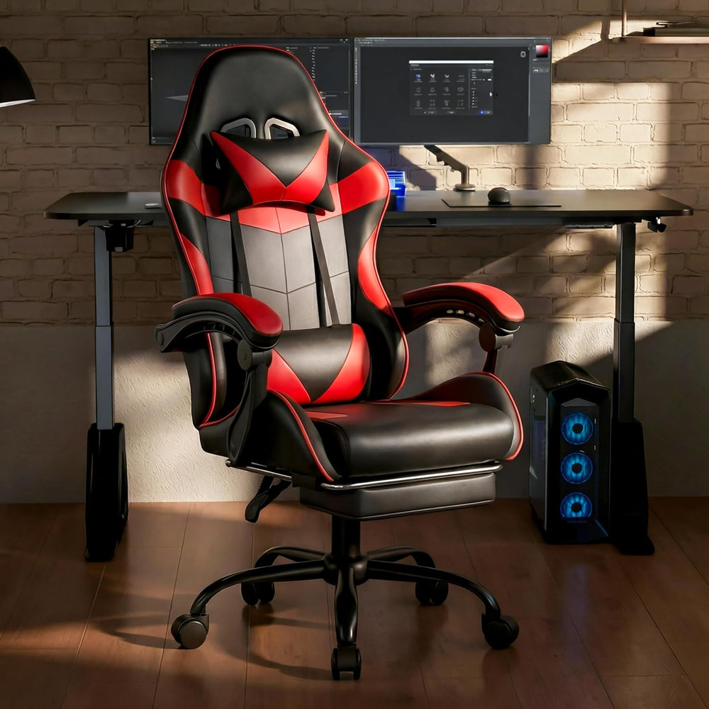 Gaming Chair, Ergonomic Footrest, Lumbar & Headrest(Red Black) | Steel fr...