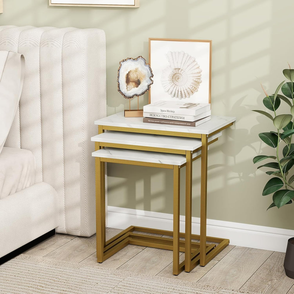 3-Piece Nesting Coffee Table Set, Stackable C-Shape (White Gold) | Faux Marbl...
