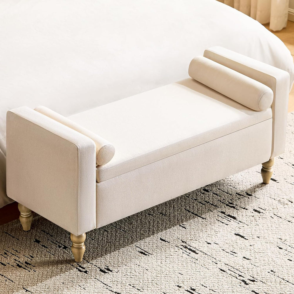 Large Storage Ottoman Bench, 45.7" Linen Upholstered Entryway Bench with...