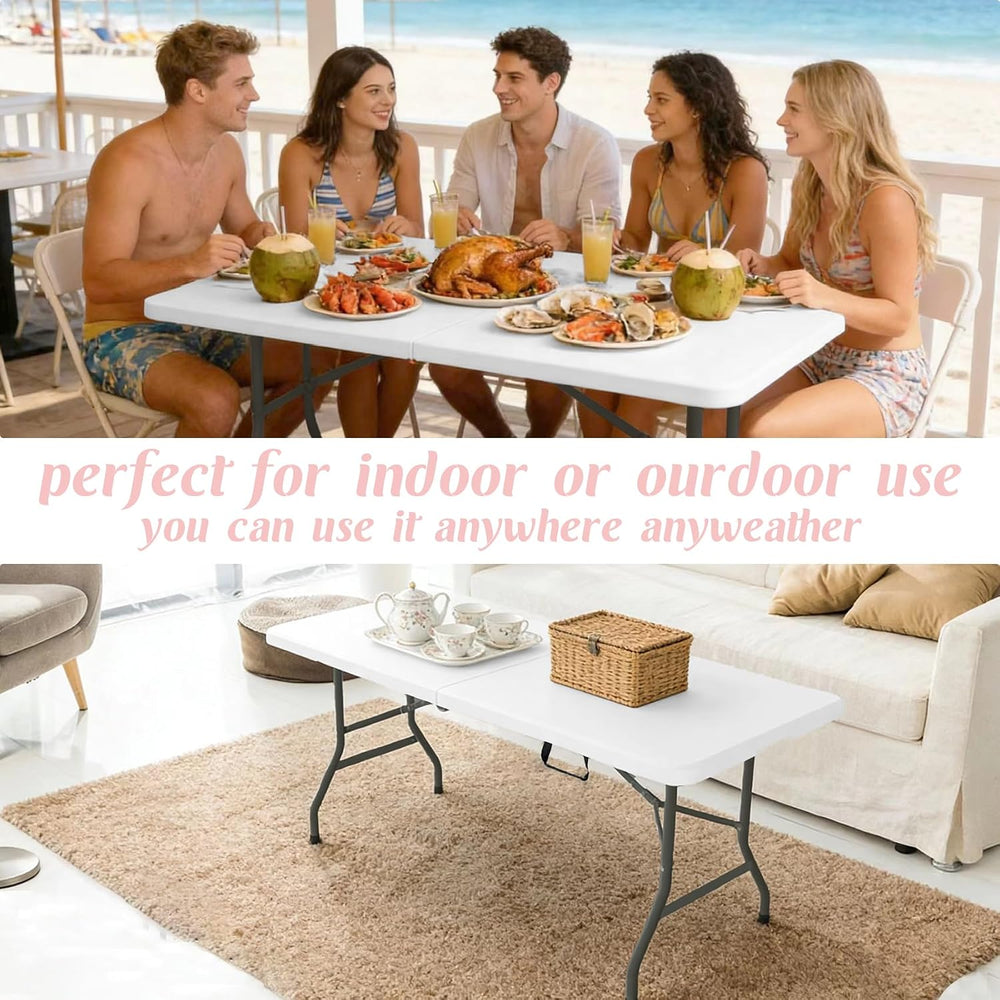 Fivenl 2 Pack 6 Feet Portable Folding Table White, Steel Legs Fold-in-Half wi...