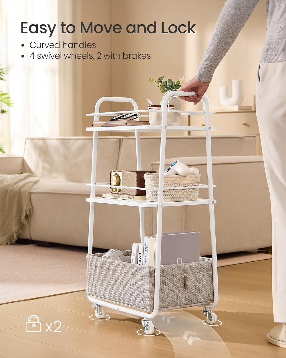 VASAGLE Storage Cart with Fabric Basket, 3-Tier Rolling Utility Cart | Cart w...