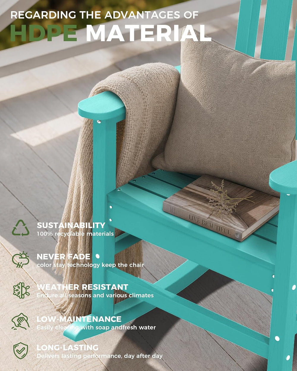 Oversized Outdoor Rocking Chair, High Back Porch Rocker Chair, HDPE All Weath...