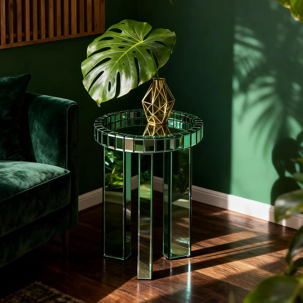 SHYFOY Green Mirrored End Table, 23" H Round Glass Side Table with Three...
