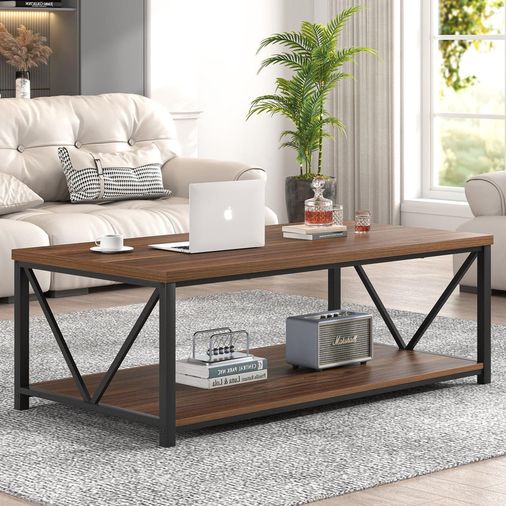 FOLUBAN Modern Coffee Table, Wood and Metal Center Table with Storage, Indust...