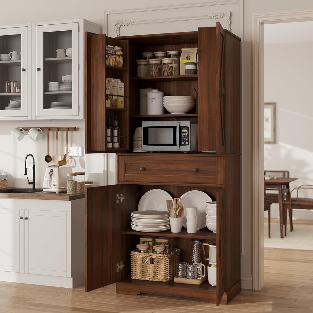 Garvee 71" Kitchen Pantry Cabinet, Barn Door Freestanding Cupboard with ...