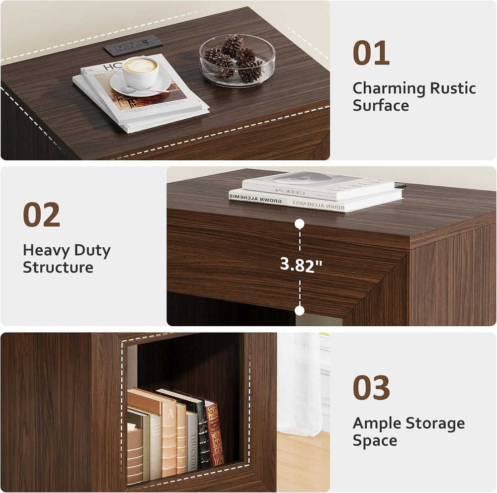 Rustic Wood End Table with Charging Station, 2 Tiered Side Table with Light S...