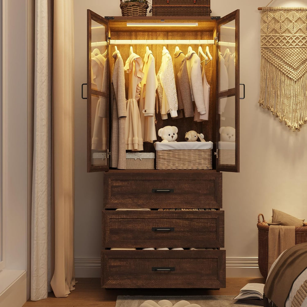 75" Tall Farmhouse 2 Doors Armoire Wardrobe Closet with 3 Drawers and LE...
