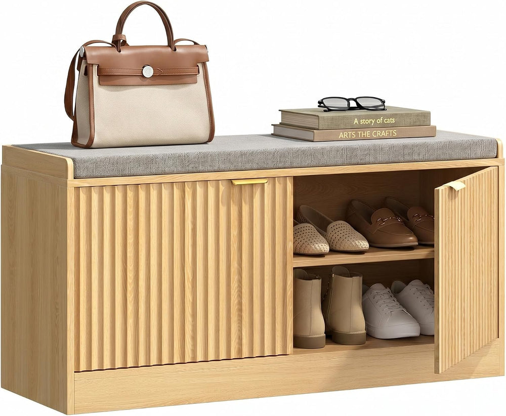 Fluted Shoe Storage Bench with Cushion, 2-Tier Entryway Shoe Bench with Adjus...