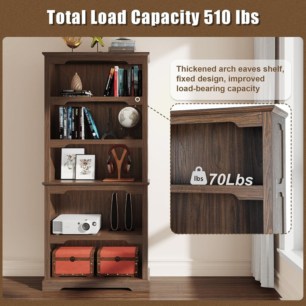 70” Walnut Bookcase Bookshelf, 5-Tier Farmhouse Bookcase Shelves
