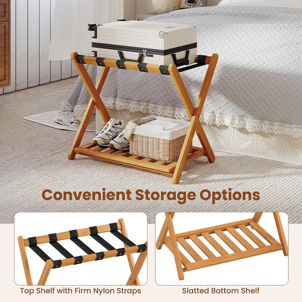 Goplus Luggage Rack for Guest Room Set of 2, Folding Suitcase Stand with Stor...
