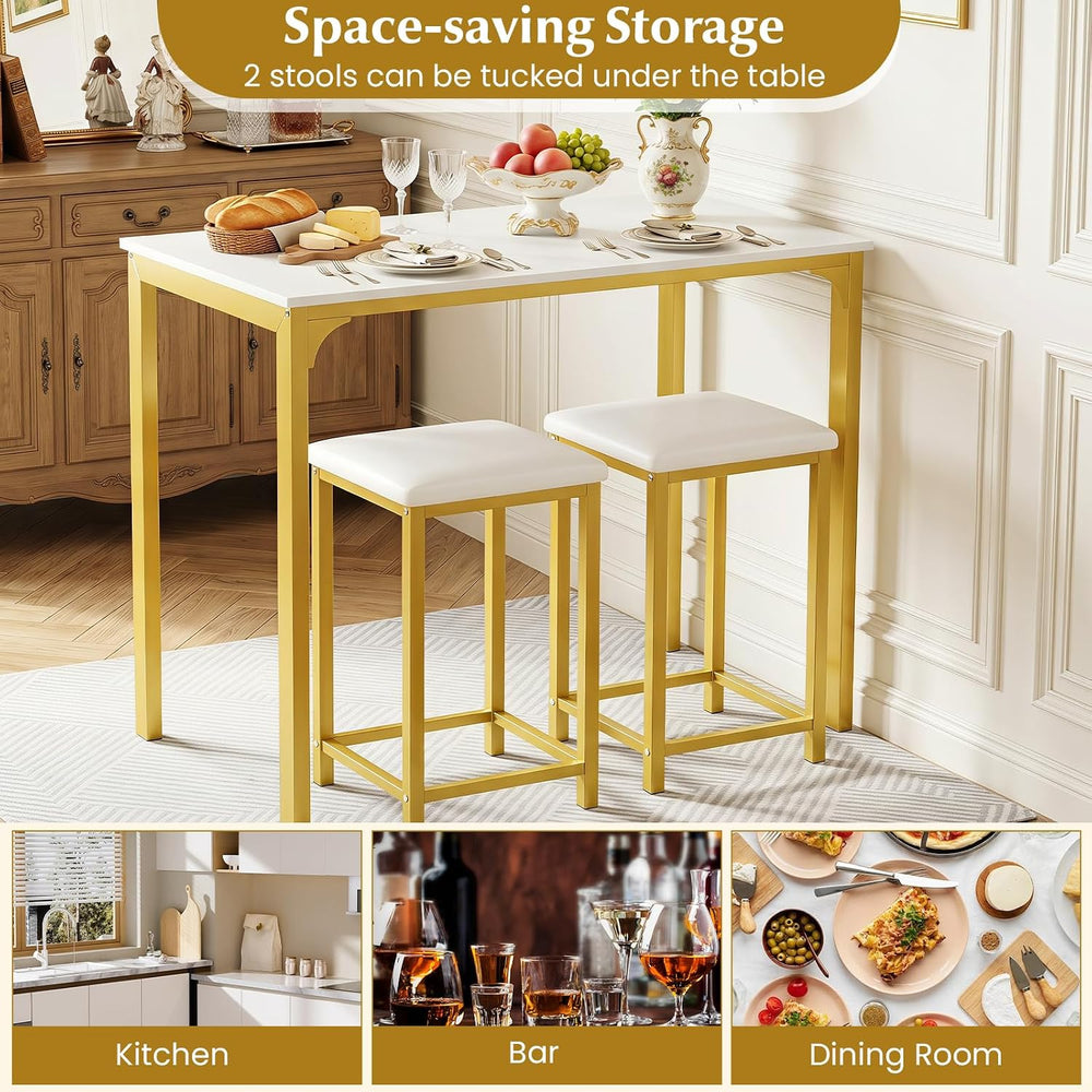 GIANTEX 3-Piece Dining Table Set for 2, Upholstered Stools (White+Gold) | Cou...