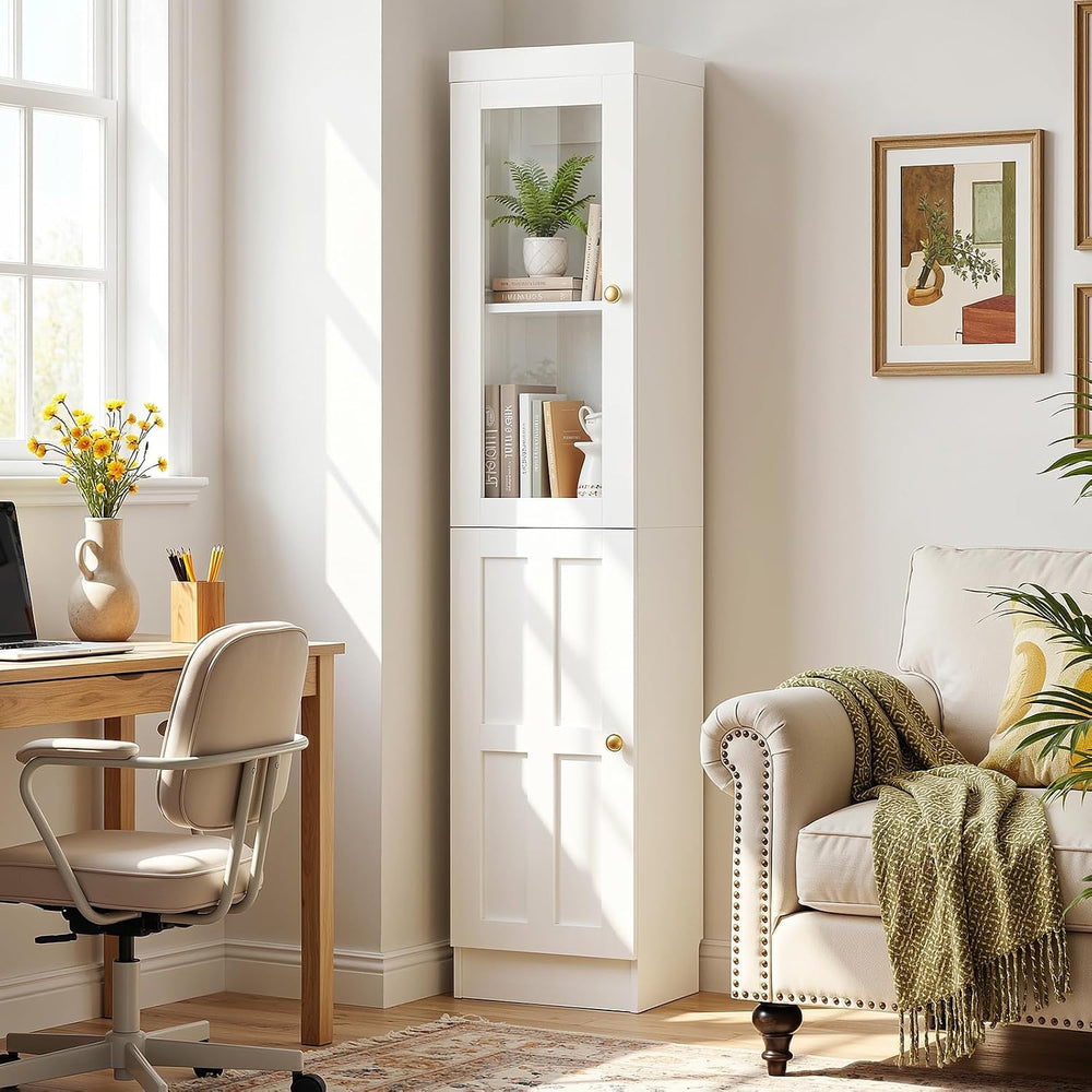 Cyclysio 80" Bookshelf with Glass Doors and Thickened Top Panel, Farmhou...