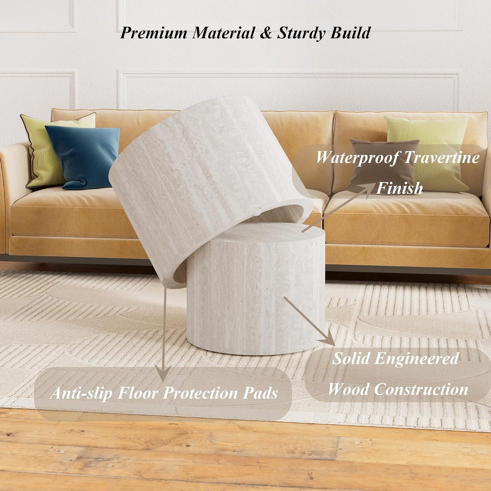 2-Piece Round Nesting Coffee Table Set with Travertine Texture, Modern Stacka...