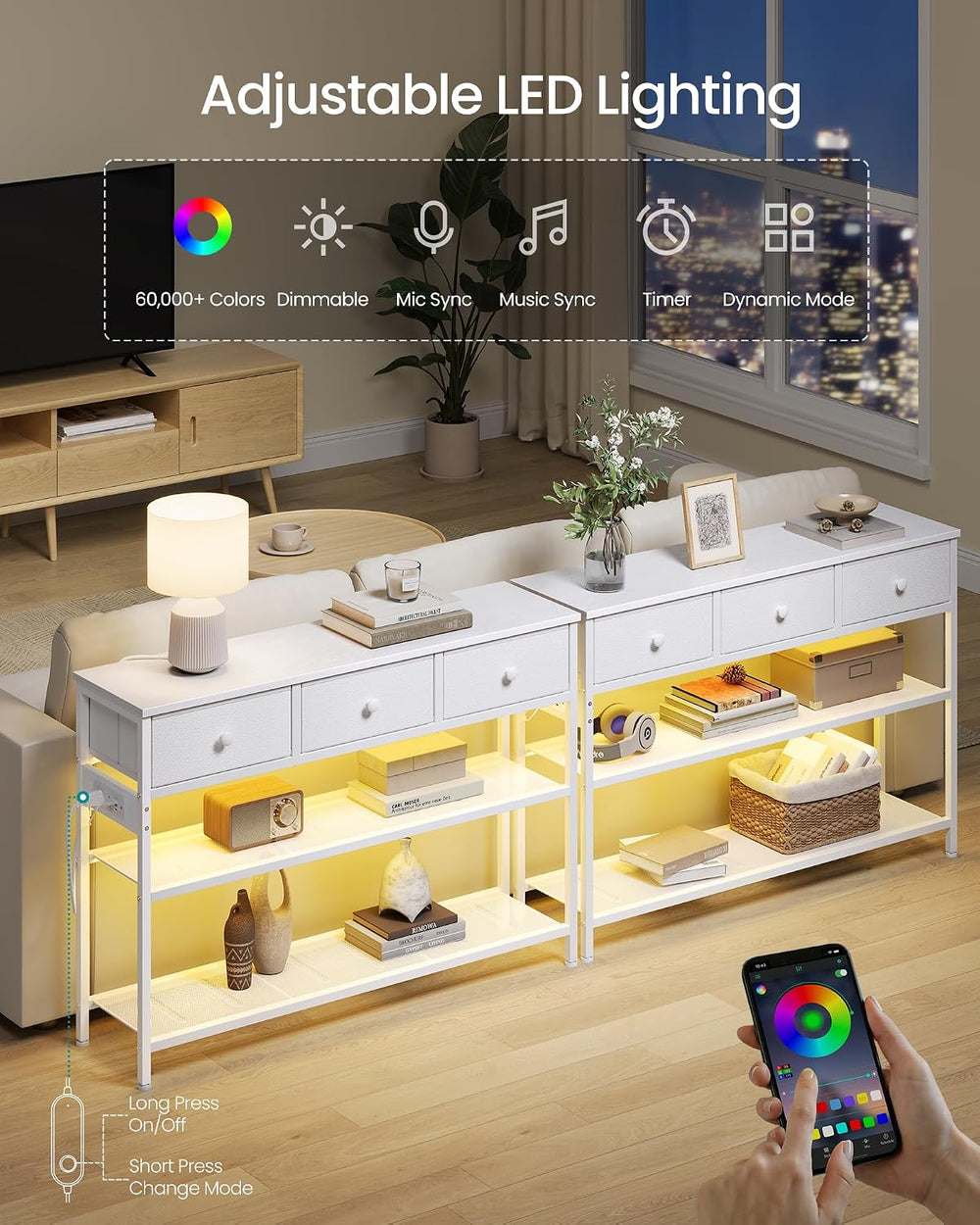 SONGMICS Console Table with Charging Station, Narrow Sofa Table with LED Ligh...