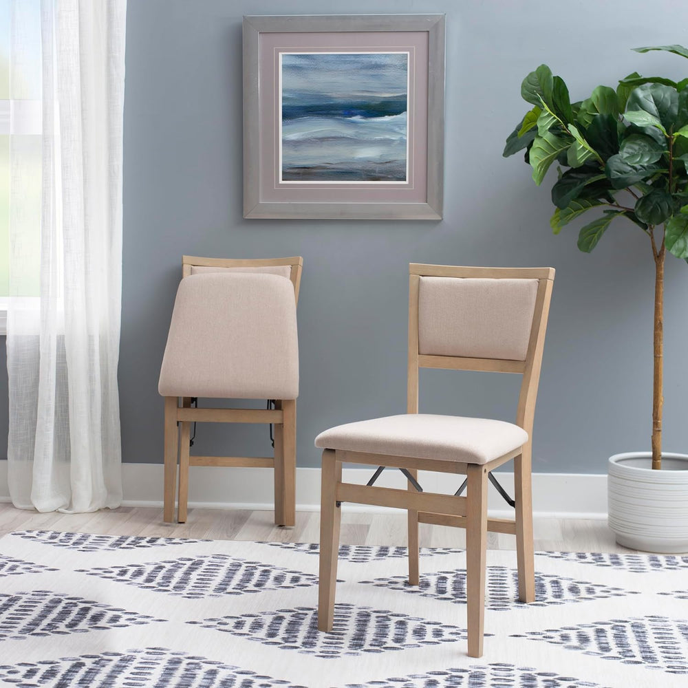 Linon Keira Natural Rustic Wooden Folding Chair with Beige Upholstered Seat a...