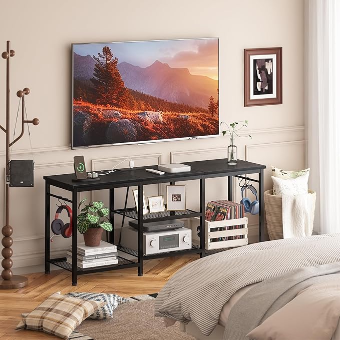 YGEOMER TV Stand for 55 Inch TV, Entertainment Center with Power Outlet and O...