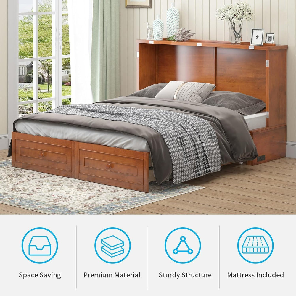 Mjkone Murphy Bed Cabinet Queen with Tri-fold Mattress, Murphy Chest Bed with...
