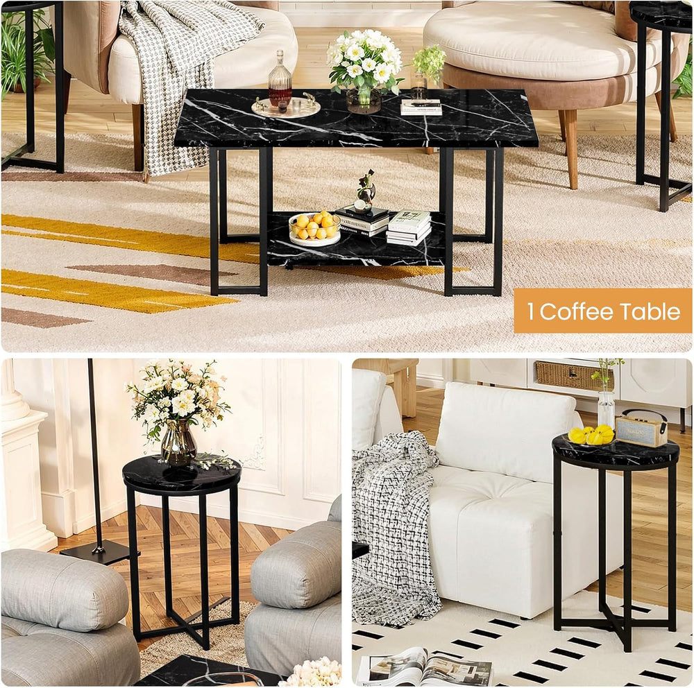Lamerge 3 Pieces Living Room Table Set, Faux Marble Coffee Table with 2 Round...