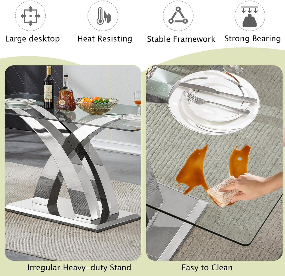 70'' Modern Glass Dining Table for 4-8 People, High Gloss Stainless S...