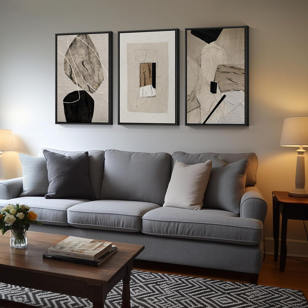 Large Framed Neutral Abstract Wall Art for Living Room,Set of 3, 24x36 In