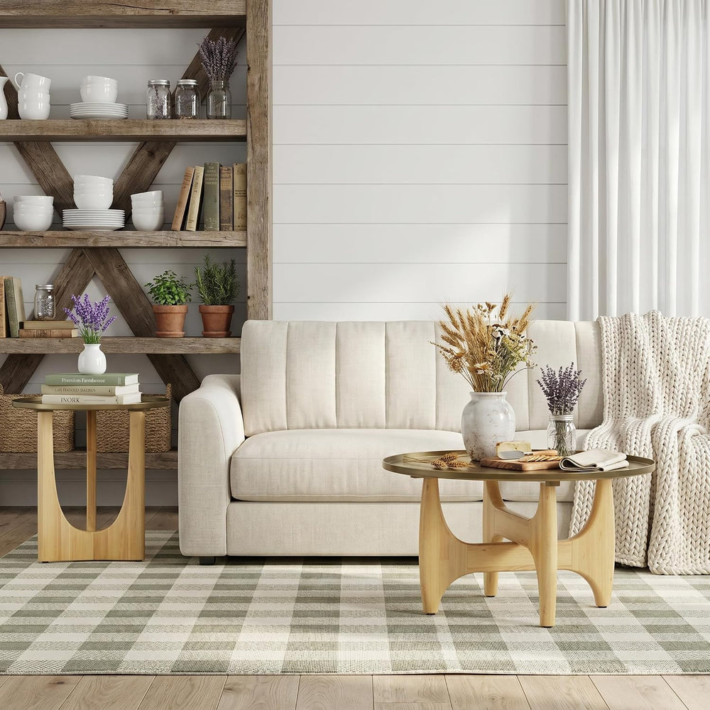 Asday Farmhouse End Table, Wood Side Table with Metal Tray Top, Geometric Bas...