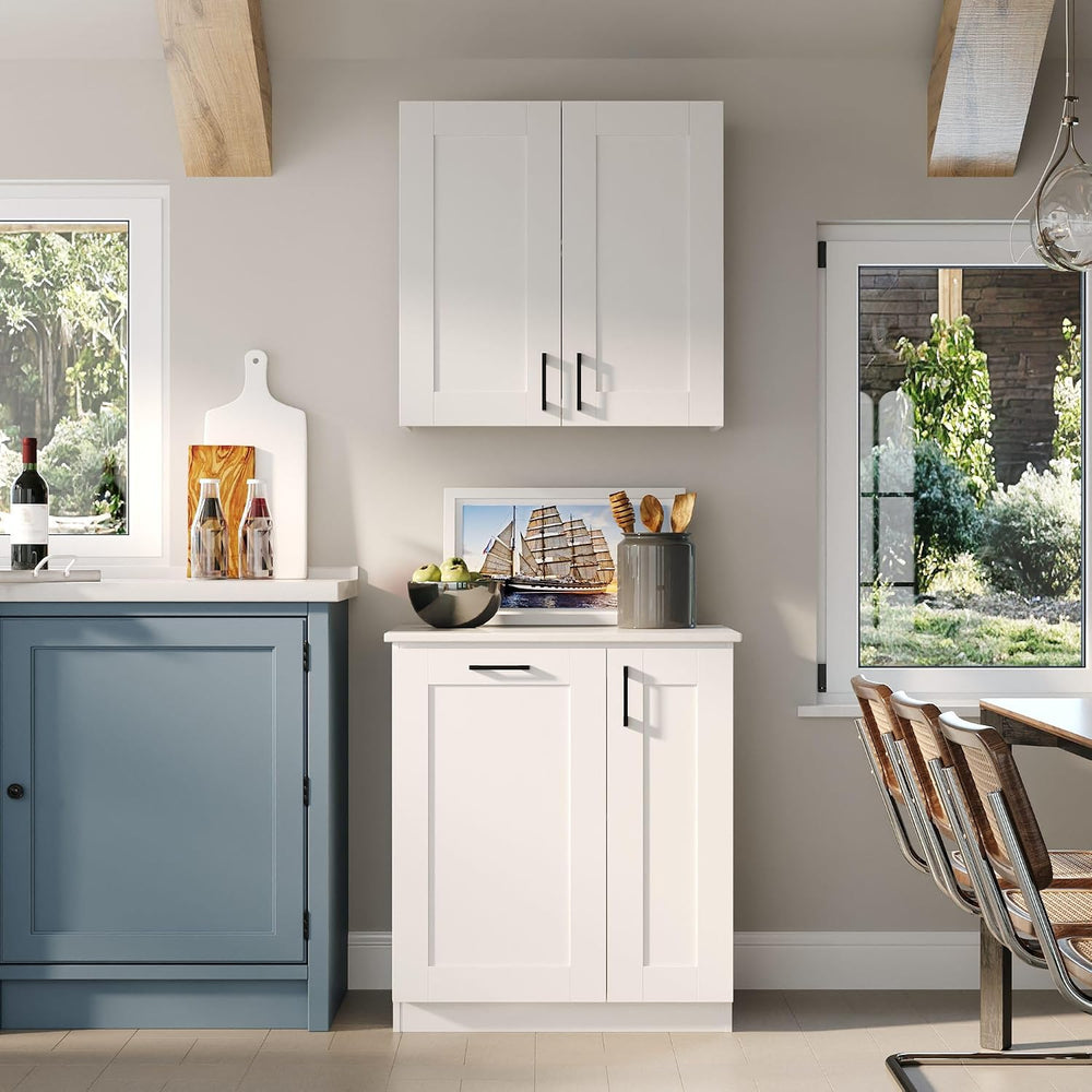 Timechee White Modern Kitchen Pantry Storage Cabinet with Wall Cupboard Set, ...