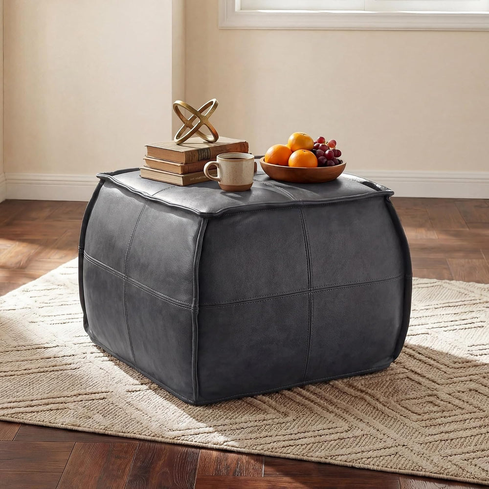 Leather Ottoman,Handmade Stuffed Square Ottoman,Genuine Leather Pouf, Foot Re...