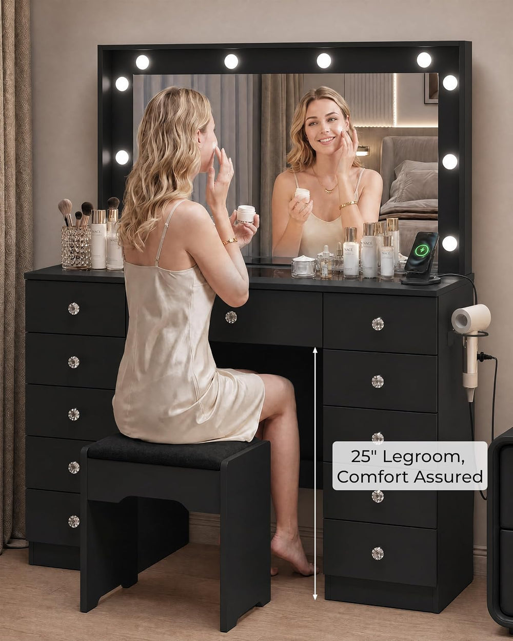 Otterease Black Makeup Vanity with Mirror and Lights,11 Drawers & Glass T...