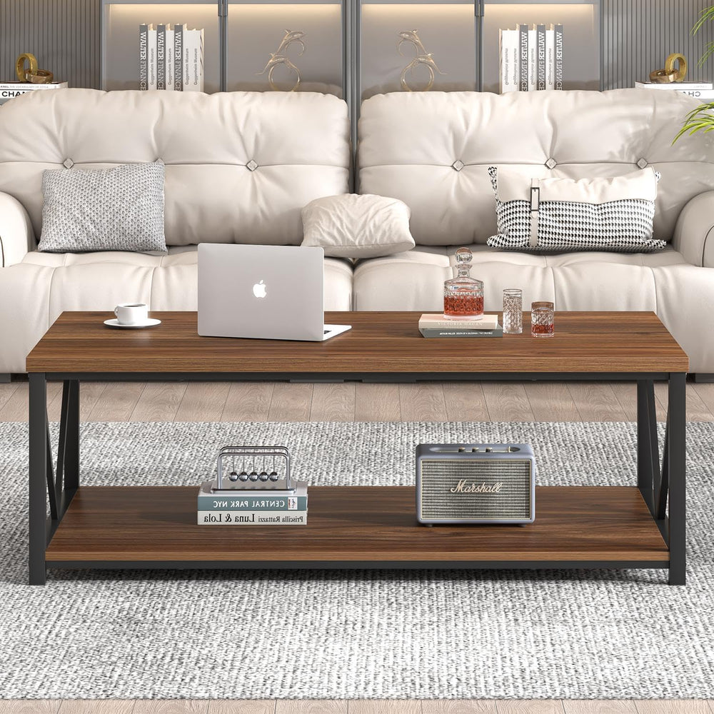 FOLUBAN Modern Coffee Table, Wood and Metal Center Table with Storage, Indust...