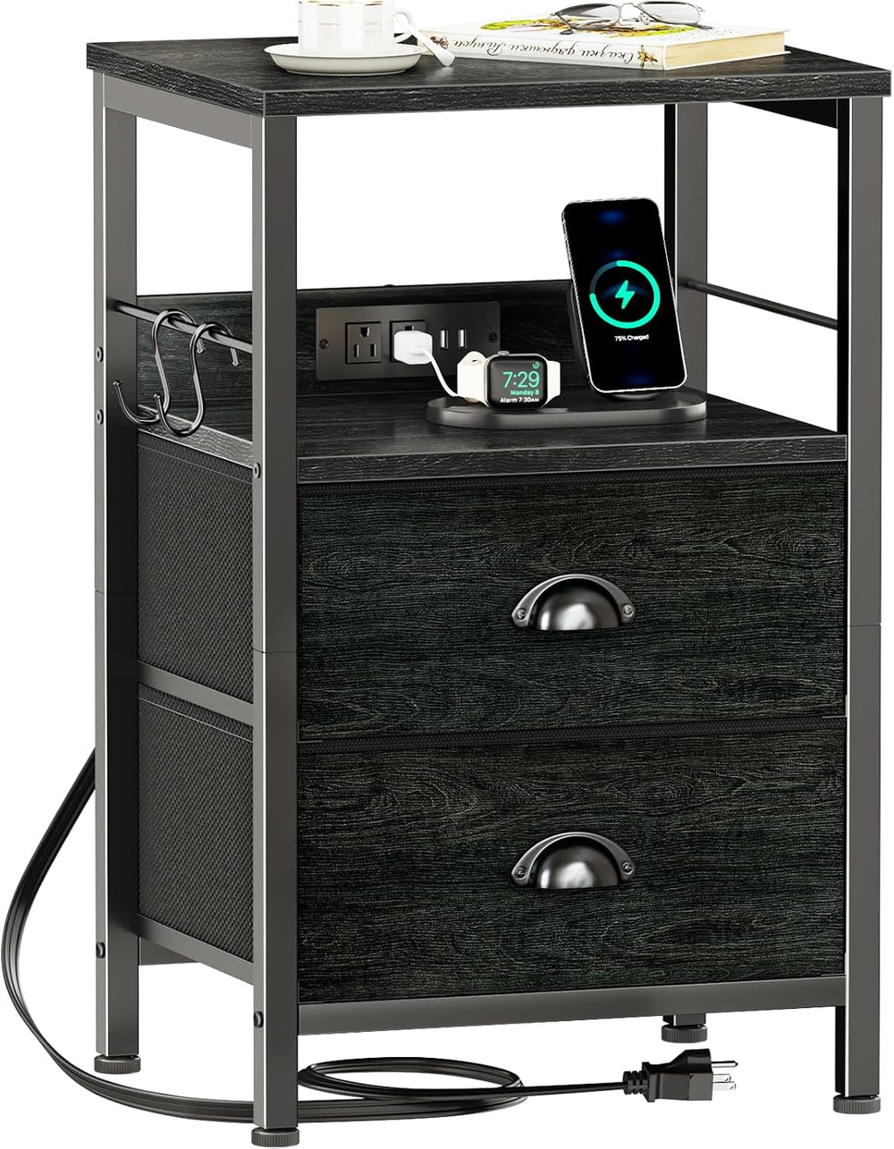Furologee Nightstand with Charging Station, 2 Fabric Drawers, Black Oak | Nig...