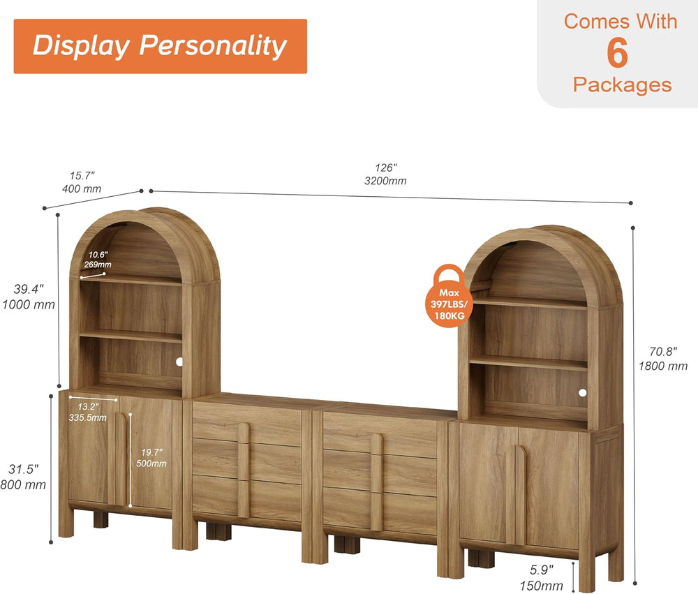 WAMPAT 6 in 1 71" Arched Bookcase with Doors, Walnut