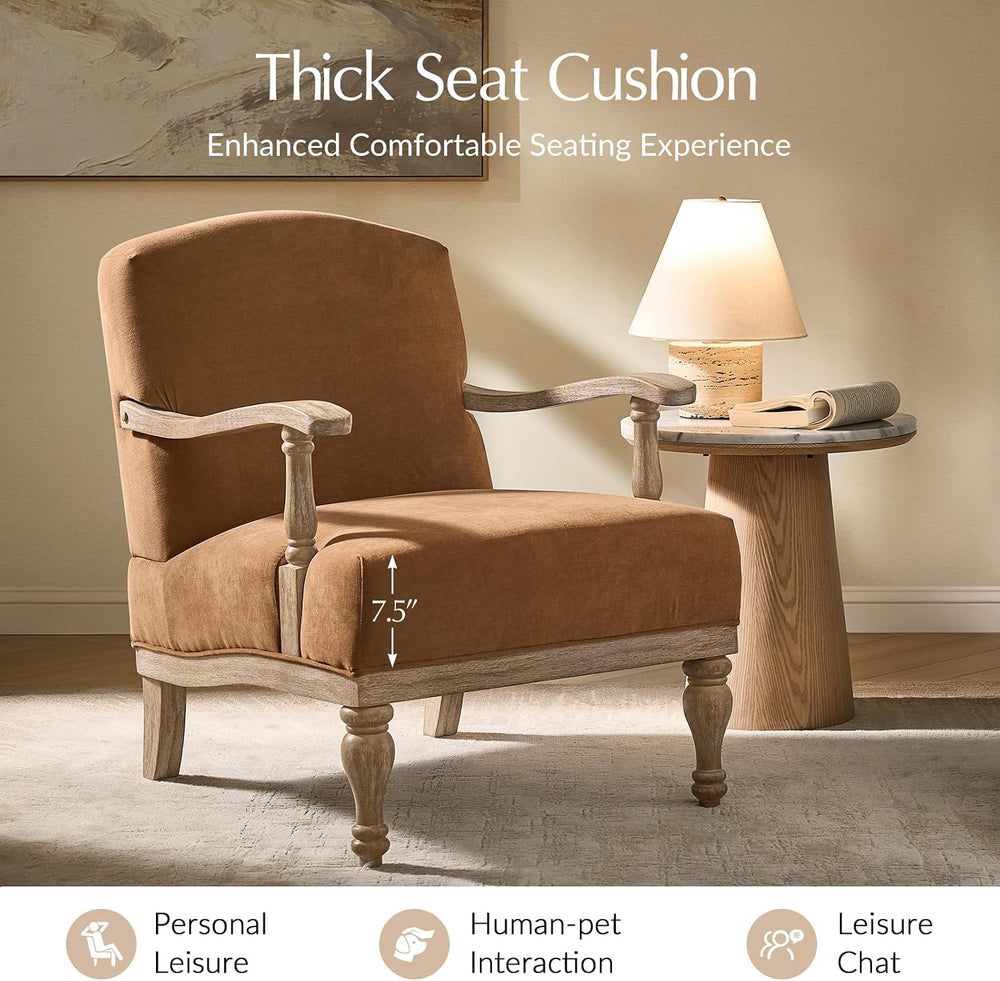 HULALA HOME Farmhouse Accent Chair with Solid Wood Frame, Caramel
