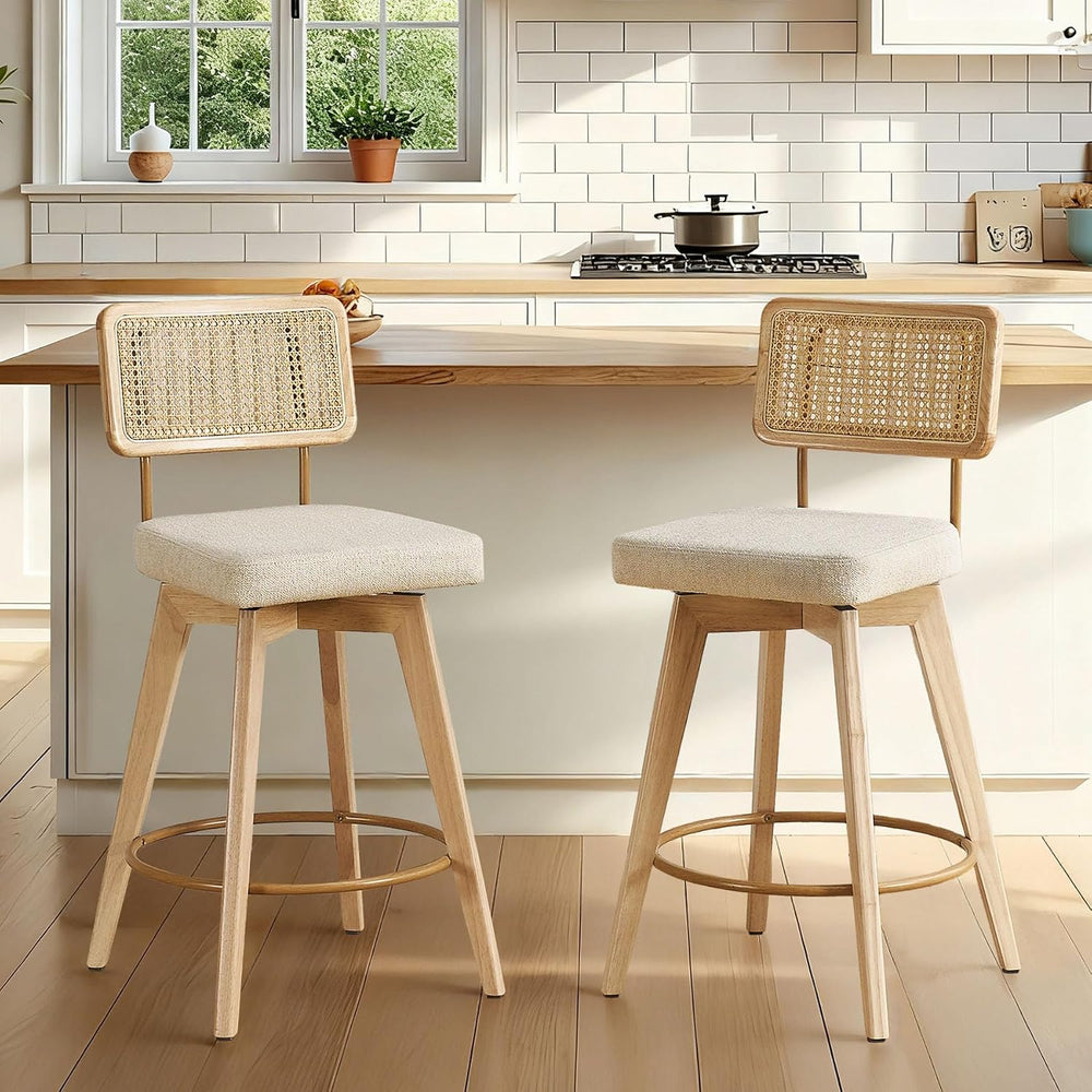 26" Swivel Boho Bar Stools Set of 2, Solid Wood, Rattan, Beige