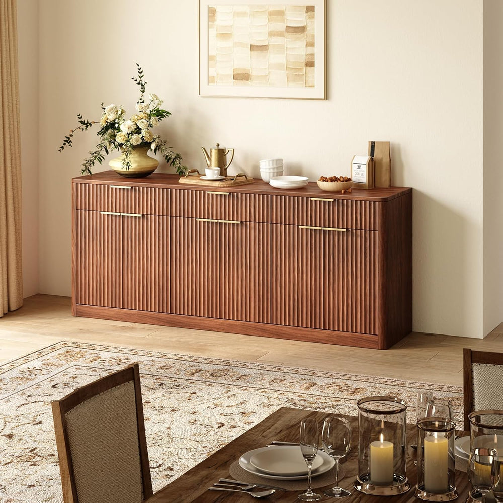 Evermagin 67" Fluted Walnut Sideboard Buffet Cabinet with 3 Drawers, Mod...